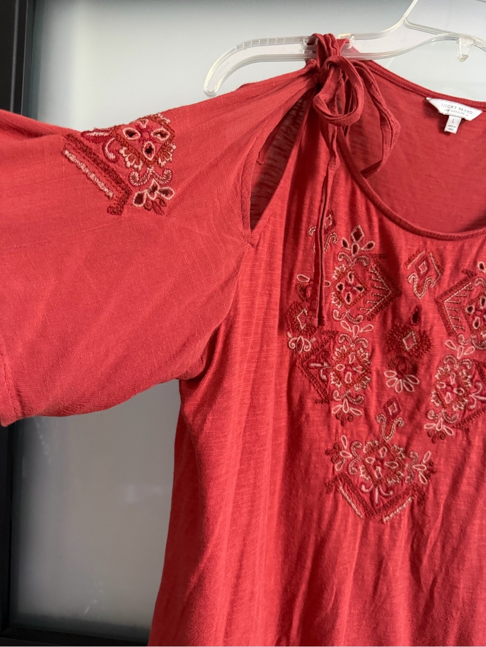 Lucky Brand L Coral Embroidered Tie-Shoulder Boho Peasant Blouse - Picture 3 of 7